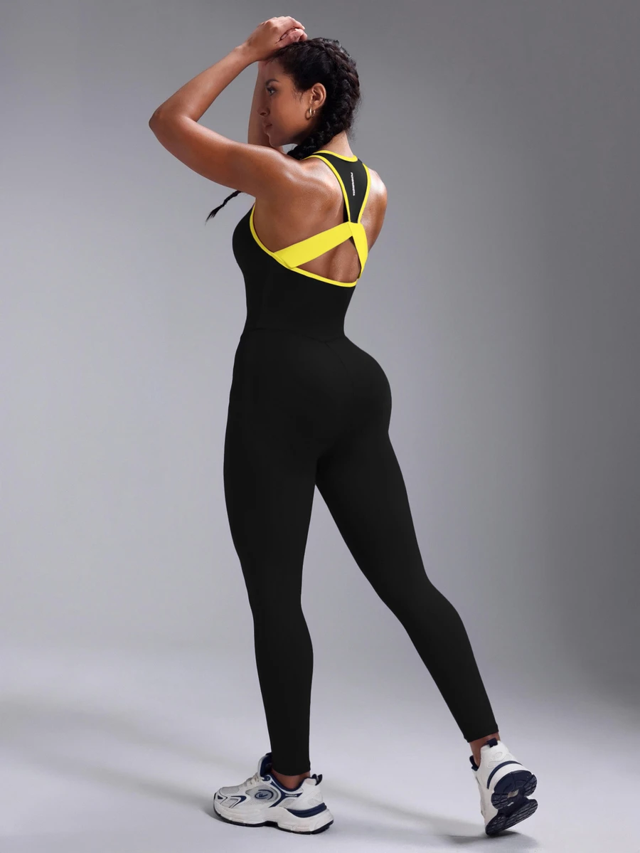 Powerista Contrast Color Splice Backless Halter Jumpsuit - Black - View 1