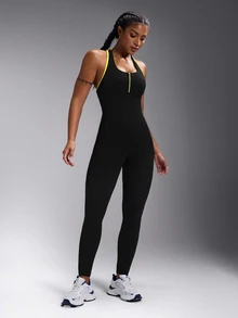 Powerista Contrast Color Splice Backless Halter Jumpsuit - Black - View 6
