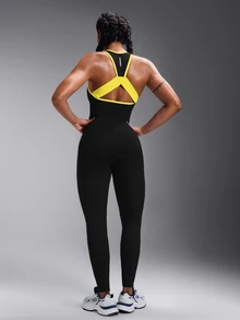 Powerista Contrast Color Splice Backless Halter Jumpsuit - Black - View 8