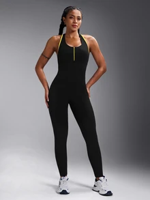 Powerista Contrast Color Splice Backless Halter Jumpsuit - Black - View 7