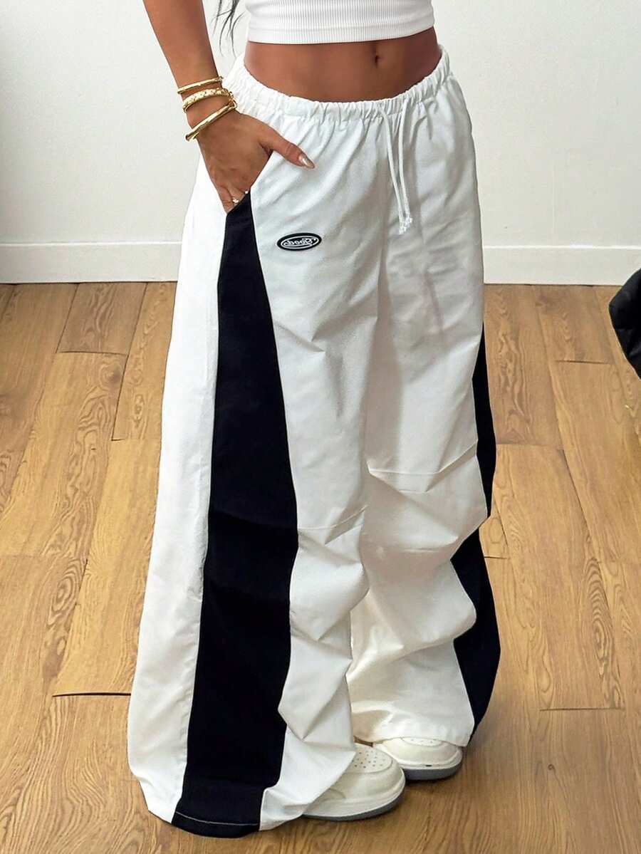 SHEIN 青少年女孩/青少年女孩編織黑白拼接寬鬆休閒拼接抽繩寬腿運動長褲 - 黑與白 - 查看 1