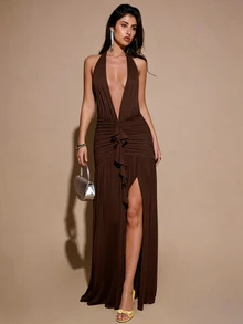 SHEIN BAE Shades Of Brown 夏季時尚派對深V領掛脖緊身抓皺女款網紗長洋裝，優雅正式派對雞尾酒會伴娘禮服 - 咖啡棕 - 查看 7