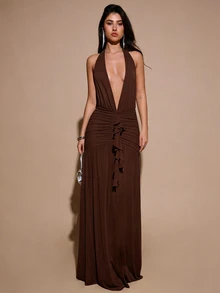 SHEIN BAE Shades Of Brown 夏季時尚派對深V領掛脖緊身抓皺女款網紗長洋裝，優雅正式派對雞尾酒會伴娘禮服 - 咖啡棕 - 查看 3