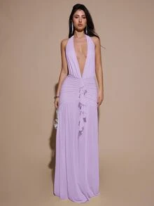 SHEIN BAE 女款丁香紫色深V領掛脖緊身抓皺網紗長洋裝，70年代風夏季派對雞尾酒會伴娘正式優雅修身洋裝 - 淡紫色 - 查看 3