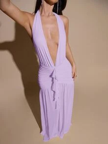 SHEIN BAE 女款丁香紫色深V領掛脖緊身抓皺網紗長洋裝，70年代風夏季派對雞尾酒會伴娘正式優雅修身洋裝 - 淡紫色 - 查看 6