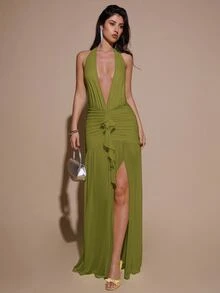 SHEIN BAE 深V領掛脖網紗洋裝，女款抓褶修身禮服，優雅橄欖綠，適合夏季派對之夜、正式雞尾酒會、伴娘、生日穿著 - 橄欖綠 - 查看 7