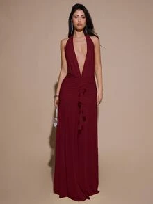 SHEIN BAE 性感简约纯色黄色奶油色深V领露背修身褶皱网纱长款连衣裙，适合派对、鸡尾酒会、正式场合、伴娘、生日、圣诞节、商务休闲等场合，优雅女装 - 酒紅色 - 查看 3