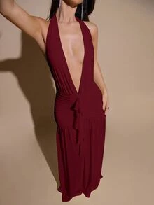 SHEIN BAE 性感简约纯色黄色奶油色深V领露背修身褶皱网纱长款连衣裙，适合派对、鸡尾酒会、正式场合、伴娘、生日、圣诞节、商务休闲等场合，优雅女装 - 酒紅色 - 查看 6