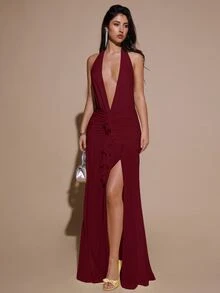 SHEIN BAE 性感简约纯色黄色奶油色深V领露背修身褶皱网纱长款连衣裙，适合派对、鸡尾酒会、正式场合、伴娘、生日、圣诞节、商务休闲等场合，优雅女装 - 酒紅色 - 查看 4