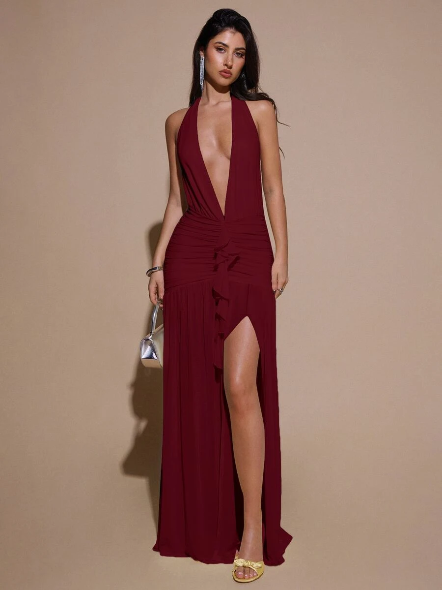 SHEIN BAE 性感简约纯色黄色奶油色深V领露背修身褶皱网纱长款连衣裙,适合派对、鸡尾酒会、正式场合、伴娘、生日、圣诞节、商务休闲等场合,优雅女装 - 酒紅色 - 查看 1