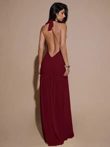 SHEIN BAE 性感简约纯色黄色奶油色深V领露背修身褶皱网纱长款连衣裙，适合派对、鸡尾酒会、正式场合、伴娘、生日、圣诞节、商务休闲等场合，优雅女装 - 酒紅色 - 查看 2