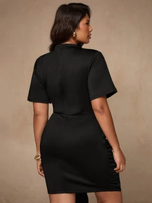 SHEIN BAE CURVE Plus Size Women Black Ruched Mini Dress With Bow,Luxury, Going Out, Weddings, Halloween, Cocktail Wear, Autumn/Winter,Basic ,Basics,Casual - Black - View 7