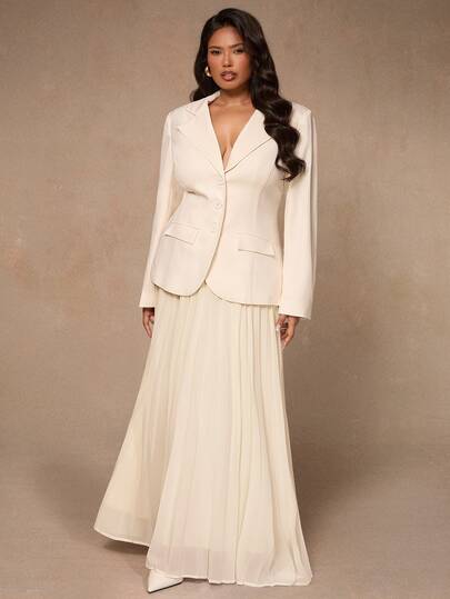 SHEIN BAE CURVE Plus Size Women's Autumn/Winter Women's Elegant Wide-Shouldered Blazer And Chiffon Long Skirt Suit Set, White Suit For Women,Work Office Old Money Dat