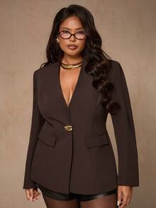 SHEIN BAE CURVE 大尺碼女款純色休閒百搭長袖夾克外套 冬季 - 咖啡棕 - 查看 7