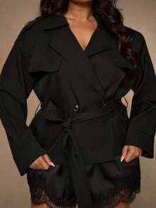 SHEIN BAE CURVE Plus Size Black Short Trench Coat With Belt Waist - Black - View 1