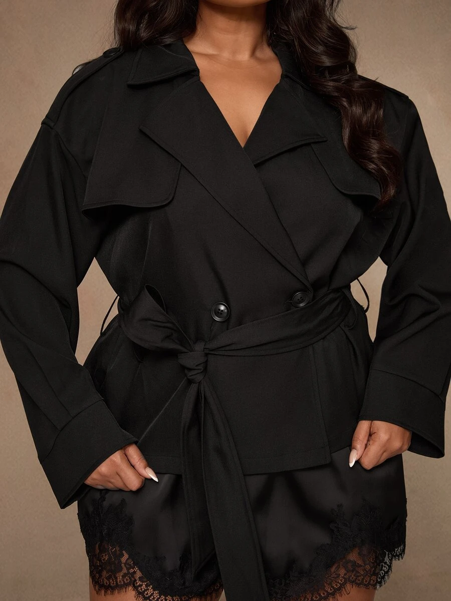 SHEIN BAE CURVE Plus Size Black Short Trench Coat With Belt Waist - Black - View 1