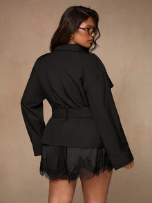 SHEIN BAE CURVE Plus Size Black Short Trench Coat With Belt Waist - Black - View 2