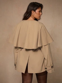 SHEIN BAE CURVE 大尺碼女款純色V領休閒俐落優雅百搭風衣外套 秋季辦公商務雞尾酒會綠色 - 卡其色 - 查看 2