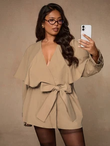SHEIN BAE CURVE 大尺碼女款純色V領休閒俐落優雅百搭風衣外套 秋季辦公商務雞尾酒會綠色 - 卡其色 - 查看 5