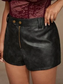 SHEIN BAE CURVE Plus Size Women's Black Mini PU Shorts - Black - View 6