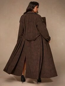 SHEIN BAE CURVE 大尺碼女款麂皮咖啡棕長款風衣 秋季 正式 辦公 商務 優雅 休閒 - 咖啡棕 - 查看 3