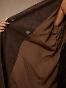 SHEIN BAE CURVE 大尺碼女款麂皮咖啡棕長款風衣 秋季 正式 辦公 商務 優雅 休閒 - 咖啡棕 - 查看 9