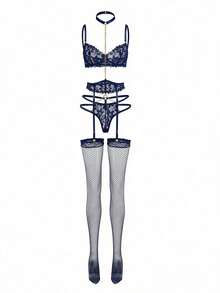 Seduluxe 5pack Floral Lace Chain Detail Garter Underwire Lingerie Set - Navy Blue - View 3