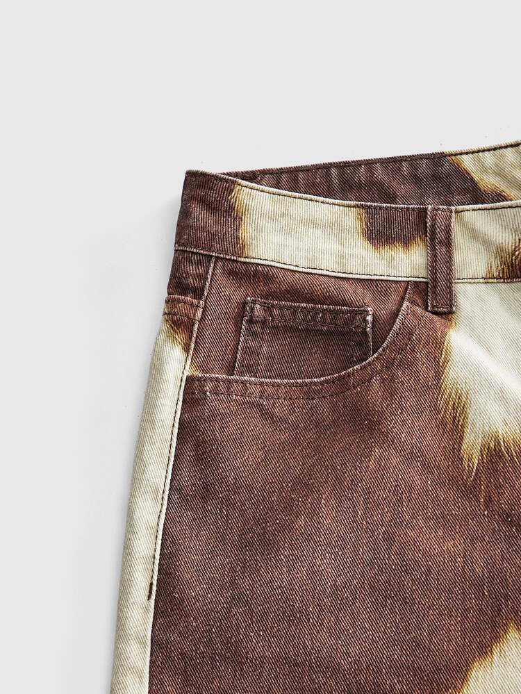 ROMWE Hippie Western Streetwear Cowboy Cow Print Casual Versatile Women's Denim Shorts Vacation Brown Cow Print - Coffee Brown - View 4