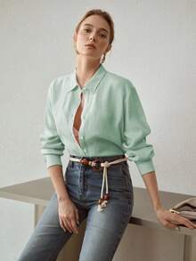 MOTF PREMIUM WOMEN'S COMFORTABLE BASIC SOLID COLOR SIMPLE LINEN SHIRT, SUMMER - Green - View 4