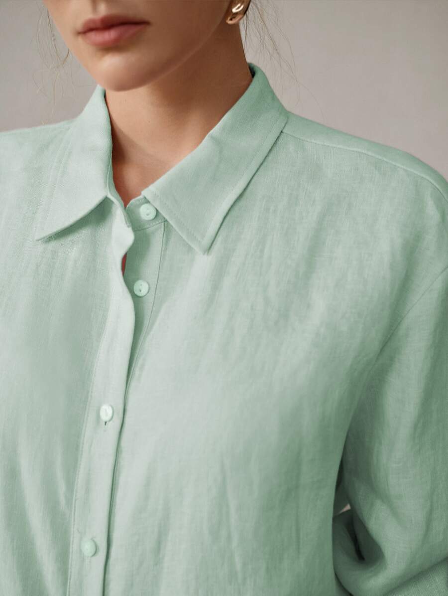 MOTF PREMIUM WOMEN'S COMFORTABLE BASIC SOLID COLOR SIMPLE LINEN SHIRT, SUMMER - Green - View 2
