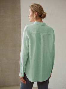 MOTF PREMIUM WOMEN'S COMFORTABLE BASIC SOLID COLOR SIMPLE LINEN SHIRT, SUMMER - Green - View 7