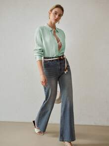 MOTF PREMIUM WOMEN'S COMFORTABLE BASIC SOLID COLOR SIMPLE LINEN SHIRT, SUMMER - Green - View 3