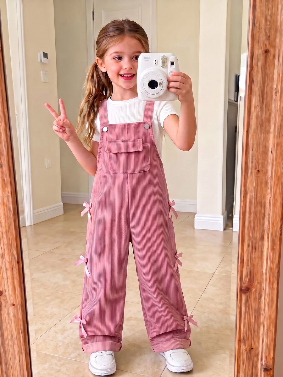 Young Girls Casual Pink Bib Pants With Bow Decor,Loose Straight Leg Soft Fabric,Versatile For Summer School Daily Wear,Spring/Autumn/Winter Jumpsuit - Pink - View 1