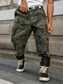 Major Grit 男式休闲工装口袋迷彩磨边宽松牛仔短裤 - 軍綠色 - 查看 8