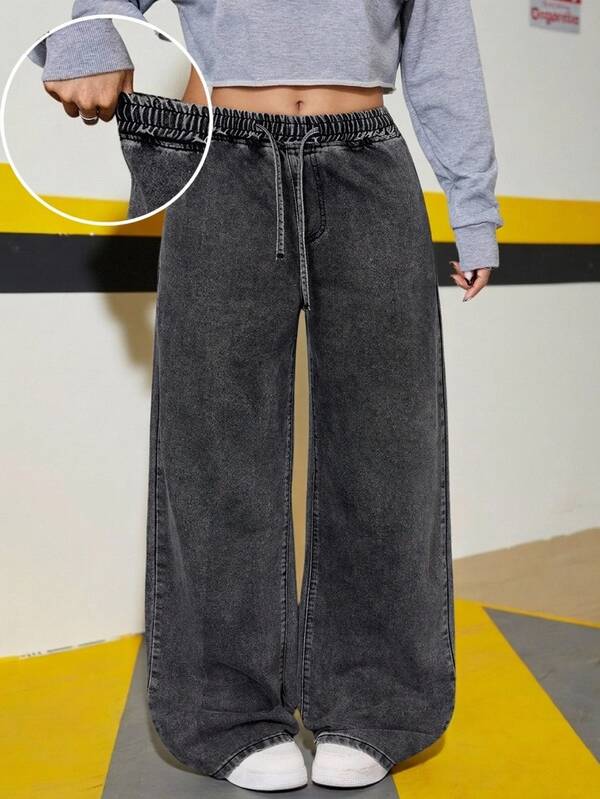 Teen Girl Fashion Casual Y2k Vintage Cool Street Returns To School College Loose And Comfortable Grey Elastic Waistband Drawstring Design Denim Loose Wide-Leg Jeans Soft Dailywear Winter And Fall Rave Festival And Streetwear Baggy Pants Wide Leg Jeans Woman
