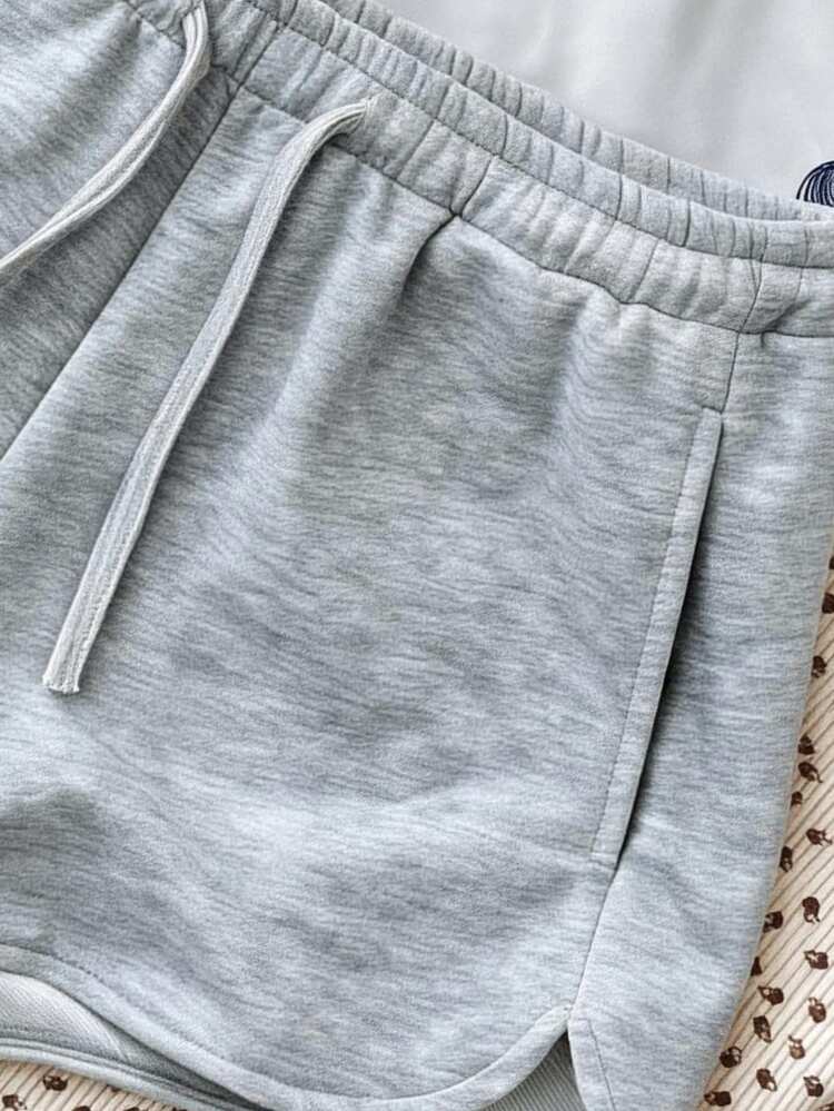 Teen Girl Black Grey Casual Sports Minimalist 2-Piece Drawstring Elastic Ultra Low Waist Cropped Shorts Set, Suitable For Spring/Summer Beach - Multicolor - View 6