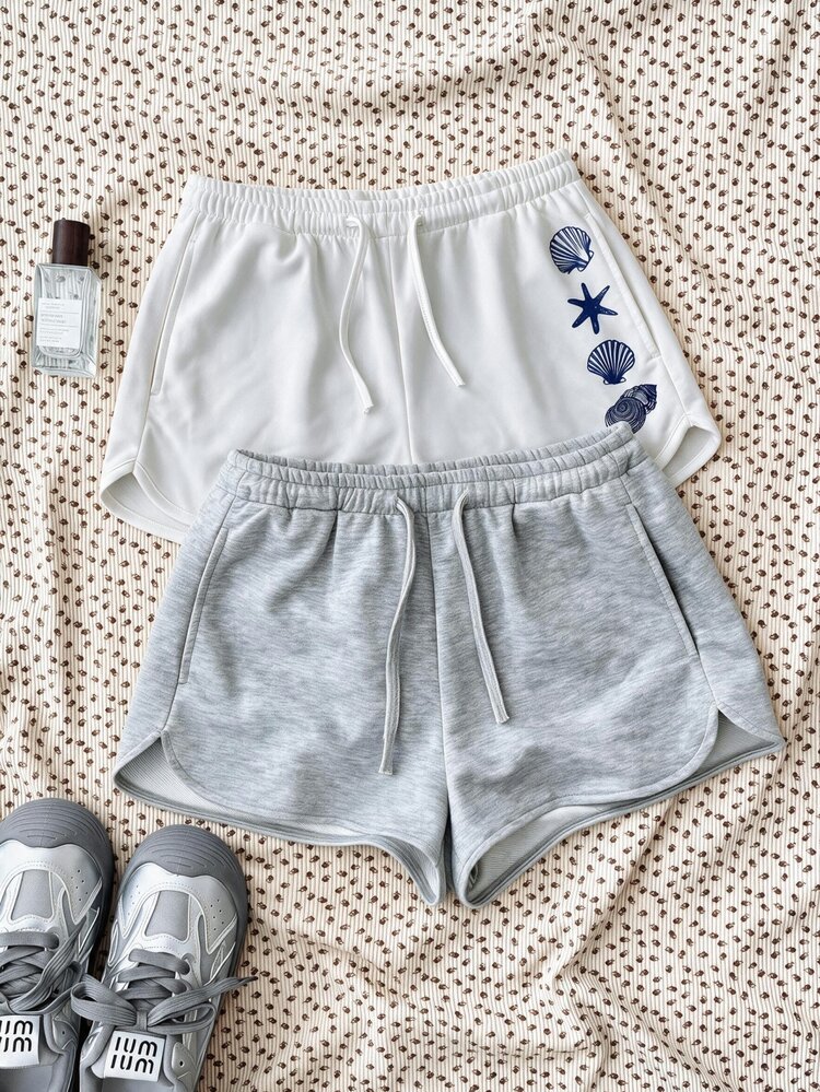 Teen Girl Black Grey Casual Sports Minimalist 2-Piece Drawstring Elastic Ultra Low Waist Cropped Shorts Set, Suitable For Spring/Summer Beach - Multicolor - View 1