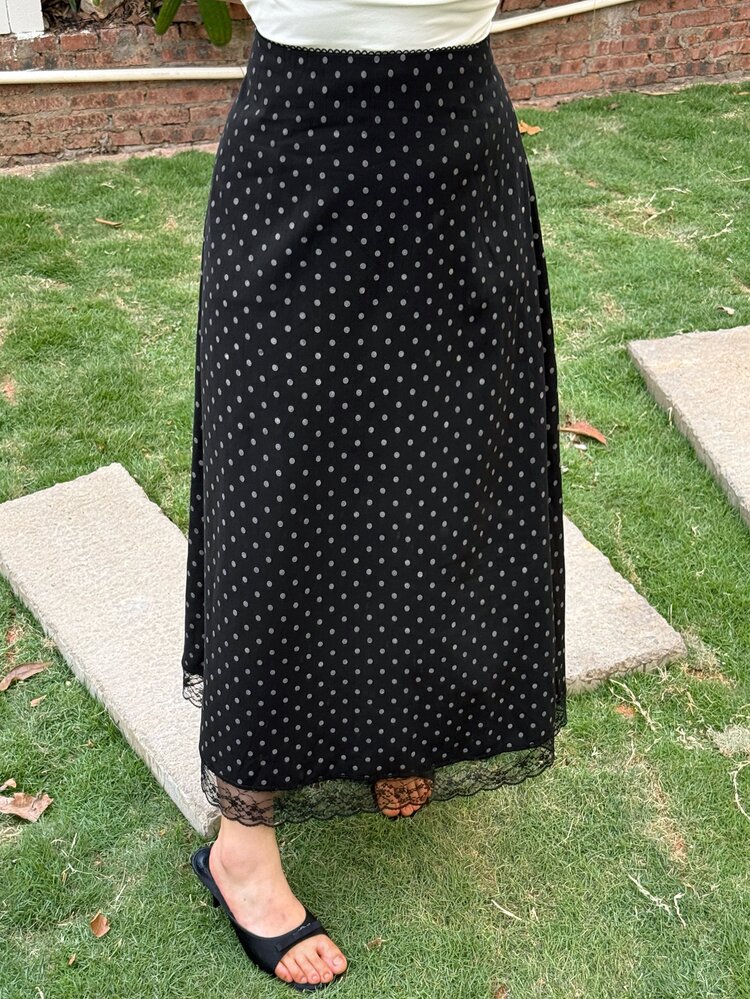 Dazy Plus Plus Size Women's Contrast Lace Straight Polka Dot Print Skirt, Elegant,Back To School Clothes - Dark Grey - View 5
