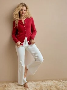 MOTF PREMIUM WOMEN'S AUTUMN/WINTER MINIMALIST SOLID COLOR SINGLE-BREASTED CARDIGAN - Red - View 5