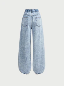 SHEIN Teen Girl Y2k Light Blue Irregular Waist-Length Loose Jeans Halloween And Black To School - Blue - View 2