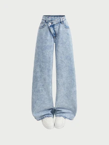 SHEIN Teen Girl Y2k Light Blue Irregular Waist-Length Loose Jeans Halloween And Black To School - Blue - View 4