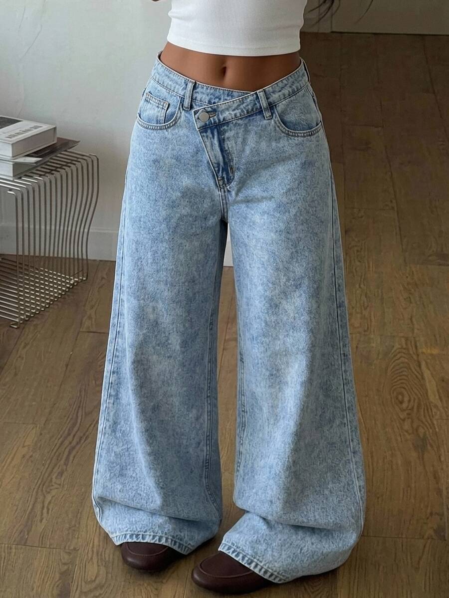 SHEIN Teen Girl Y2k Light Blue Irregular Waist-Length Loose Jeans Halloween And Black To School - Blue - View 1