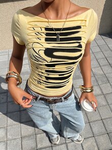 Muchica 鵝黃色雙色針織女款字母印花破洞T恤 - 鵝黃色 - 查看 5