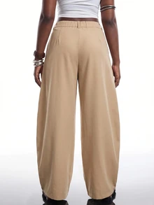 SHEIN EZwear 大码休闲宽松卡其裤，弧形裤脚，复古街头风，秋冬款 - 卡其色 - 查看 2