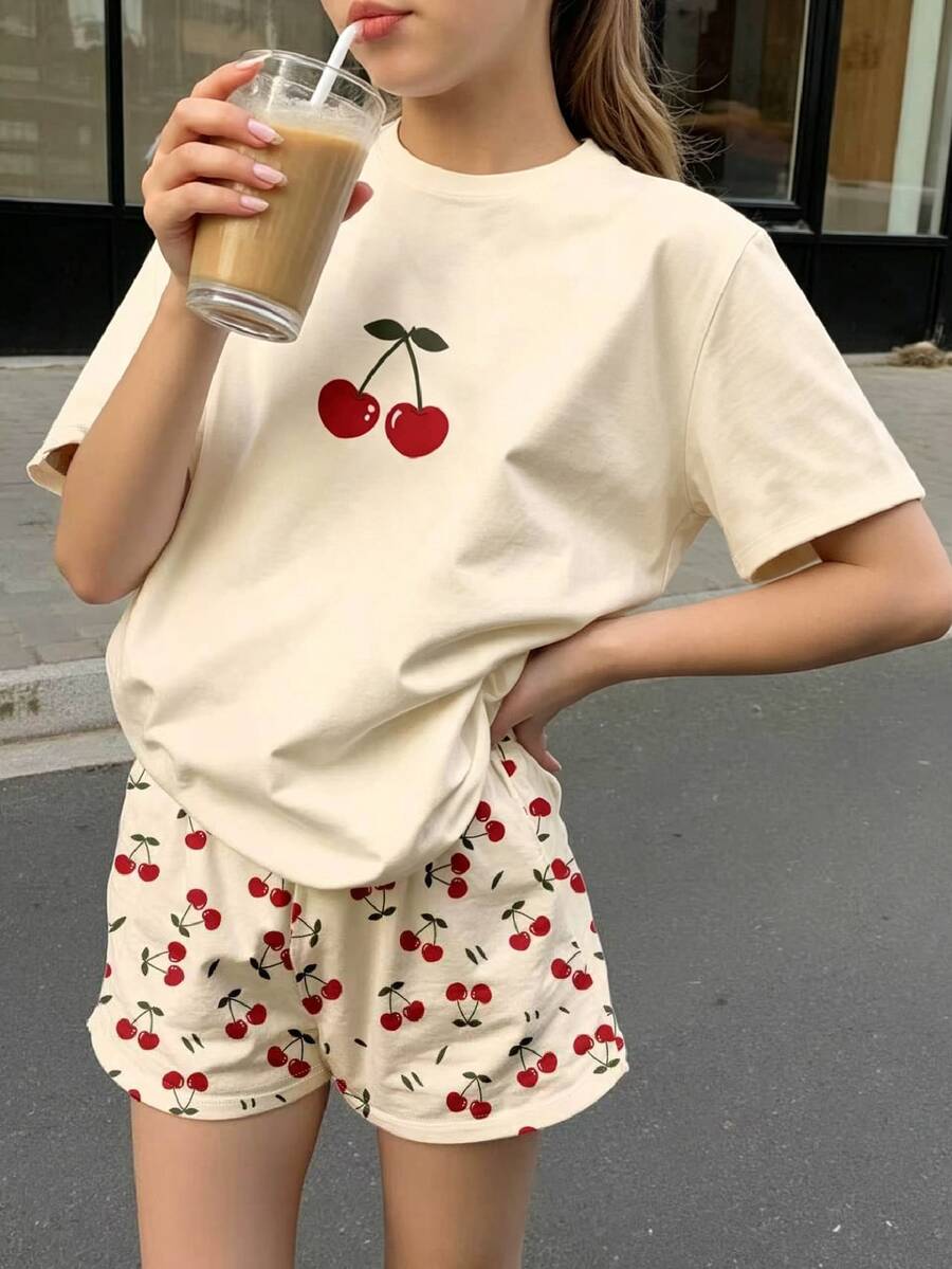 SHEIN 两件套樱桃印花可爱休闲短裤T恤套装,适合青少年女孩,适合夏季度假、海滩周末,韩版风格 - 彩色 - 查看 1