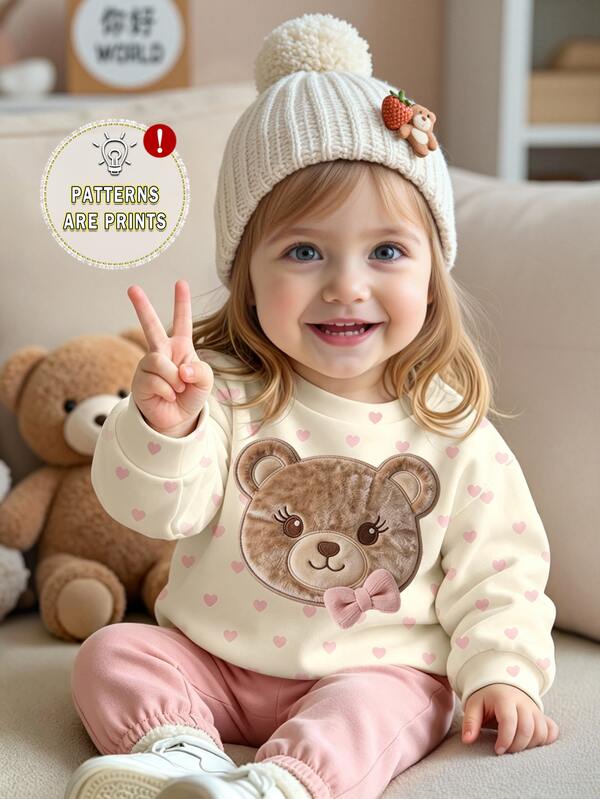 Baby GirlFashion Fresh Cartoon Bow Bear Pink Heart Graphic Print Basic Crew Neck Sweatshirt