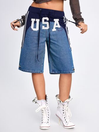 Street Life Pantaloncini in denim da donna con patchwork blu navy, coulisse, stile college, street, sportivo, versatile, casual, boyish, per festival musicali