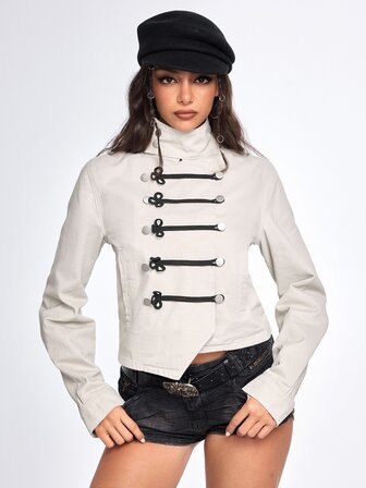 Grunge Punk Nuova giacca e cappotto in denim da donna stile cinese con bottoni a forma di rana, ricamo e design punk con vita stretta