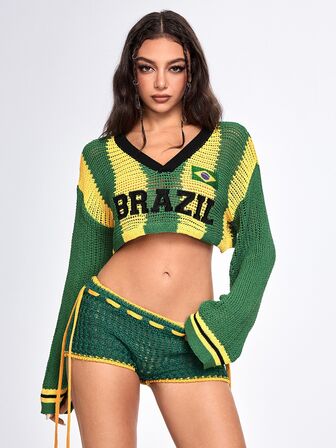 Street Life T-shirt femme tenue d'été style sport Coupe du Monde coloris Brésil, top tricoté ample court à manches longues