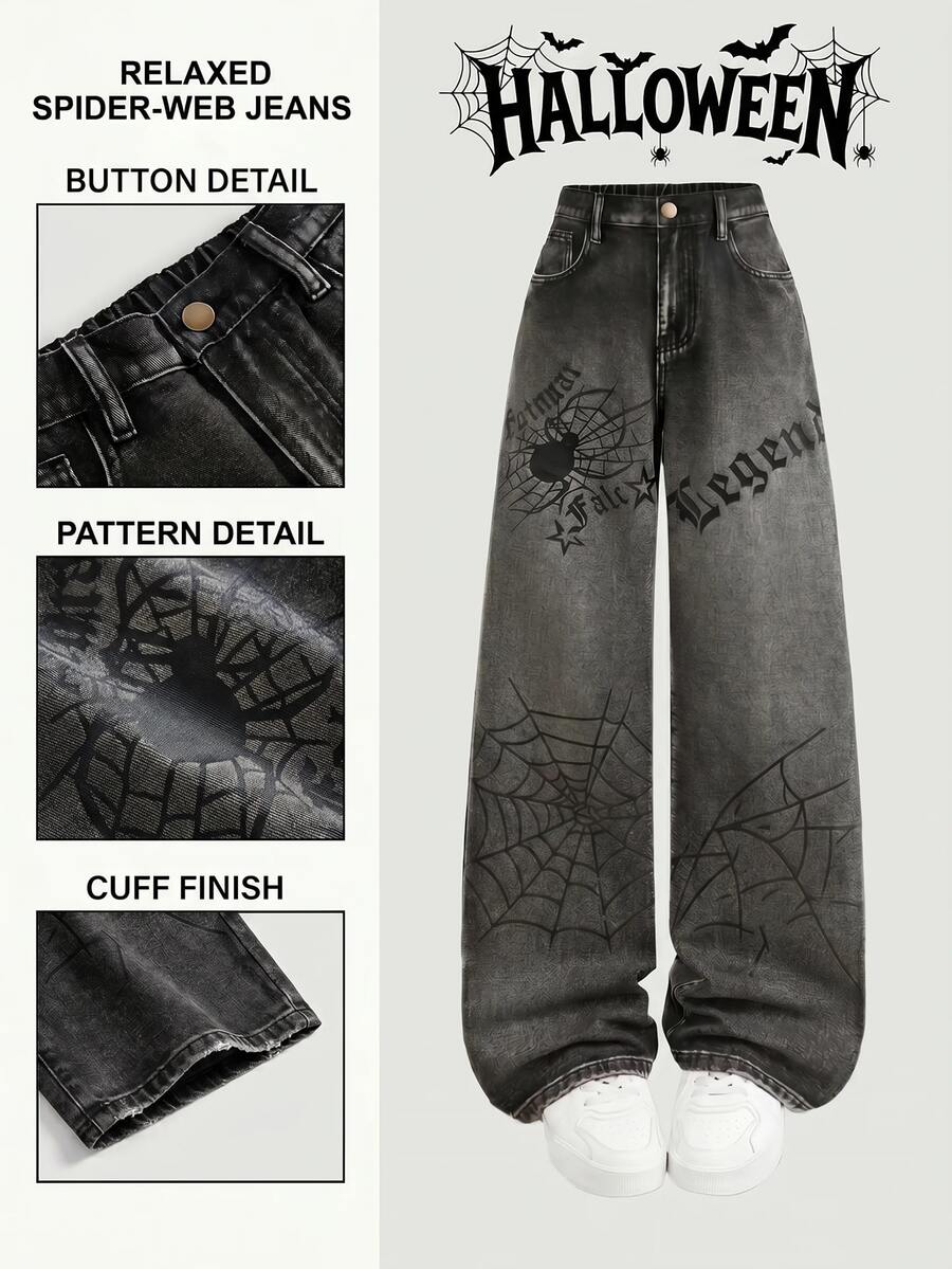 SHEIN Girlism Teen Girl Loose And Comfortable Spider-Web Pattern Design Loose Jeans Halloween And Black To School - Black - View 1